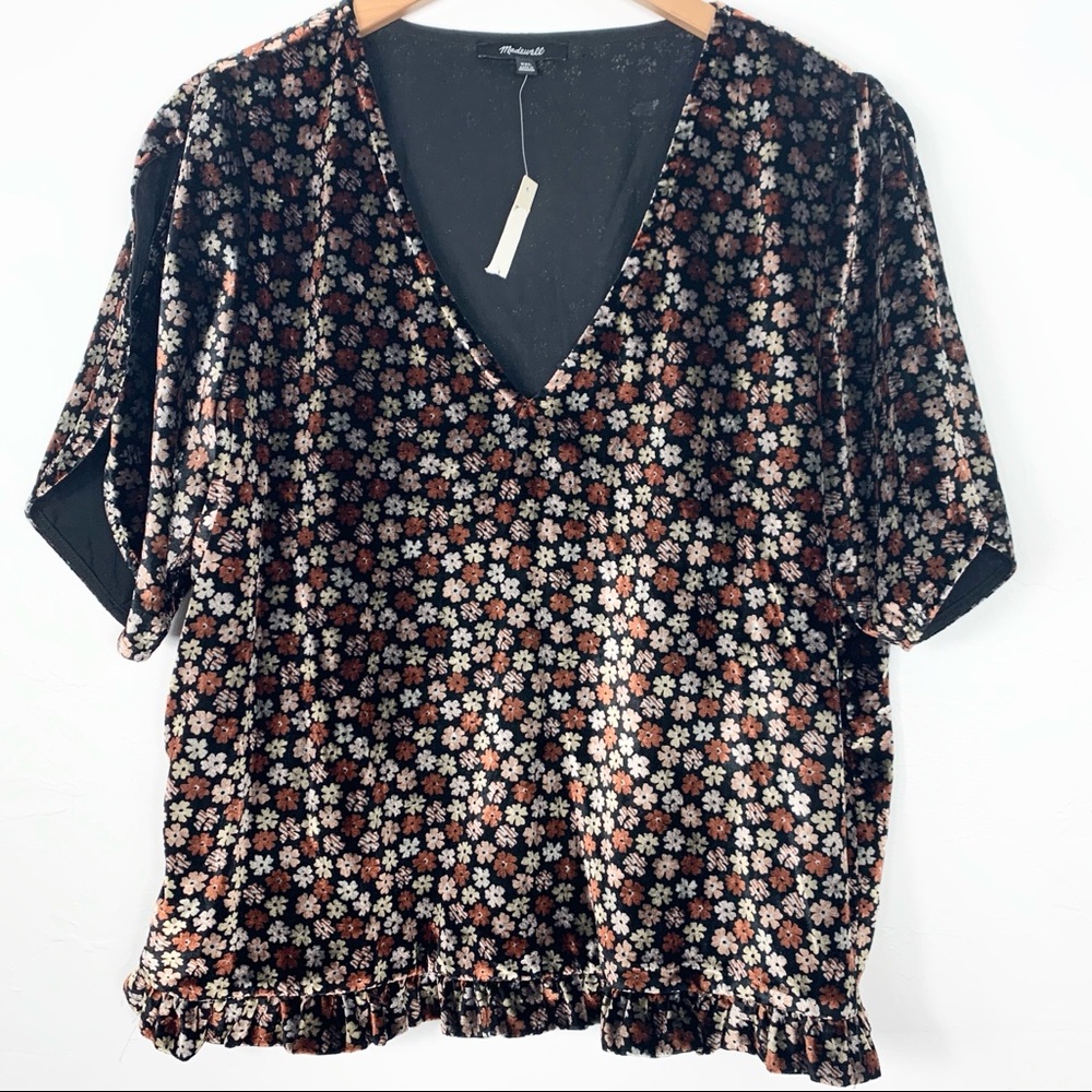 Madewell; Velvet Tulip-Sleeve Ruffle Top in Bloom